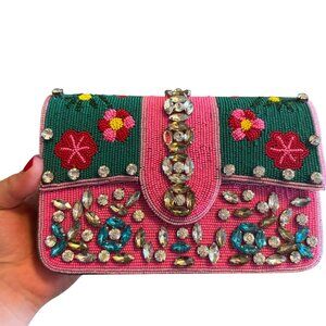 Glam Hot Pink Embroidered Floral Crystal purse w chain Valentino Vibes